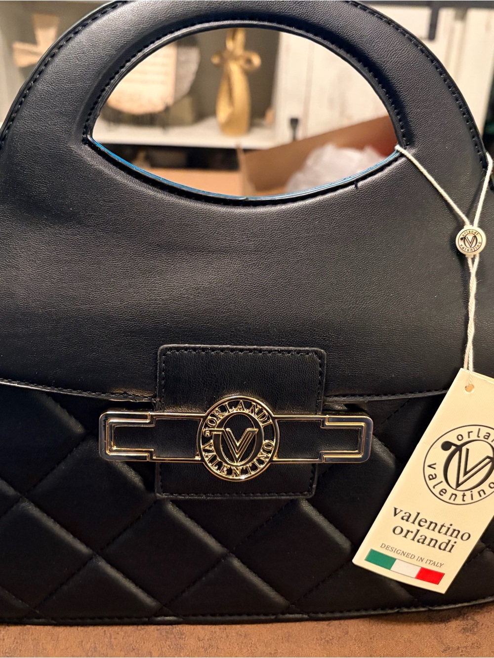 Valentino Orlandi Black Quilted Top-Handle Bag with Gold Logo